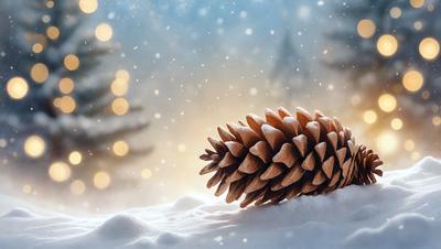 The primary subject of the image is a pine cone, which is the main object in the scene. The setting is a snowy environment, with the pine cone sitting on a snow-covered ground. The visual style of the image is a photo, capturing the beauty of the snow-covered pine cone. The dominant colors in the image are white, representing the snow, and brown, representing the pine cone. The overall atmosphere of the image is serene and peaceful, with the pine cone standing out against